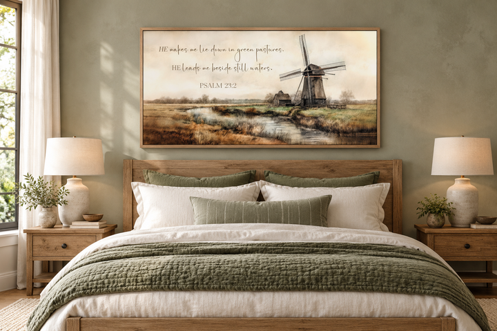 Psalm 23:2 scripture wall art with a windmill landscape above a bed in a farmhouse bedroom.
