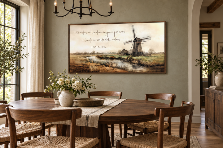 Psalm 23:2 scripture wall art with a windmill landscape in a rustic dining room.