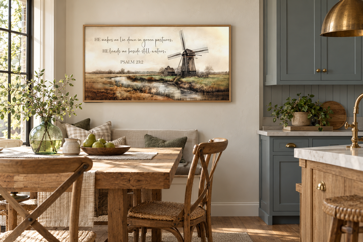 Psalm 23:2 scripture wall art featuring a windmill landscape in a rustic dining room setting.