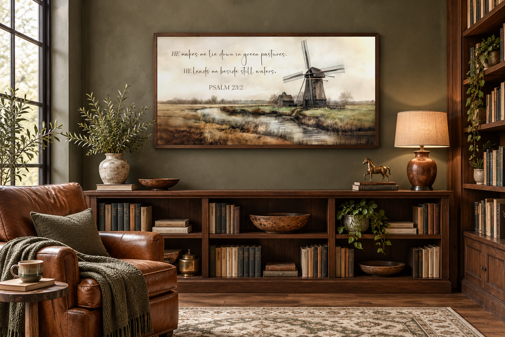 Psalm 23:2 Scripture wall art featuring a windmill and river landscape in a dark wood frame.