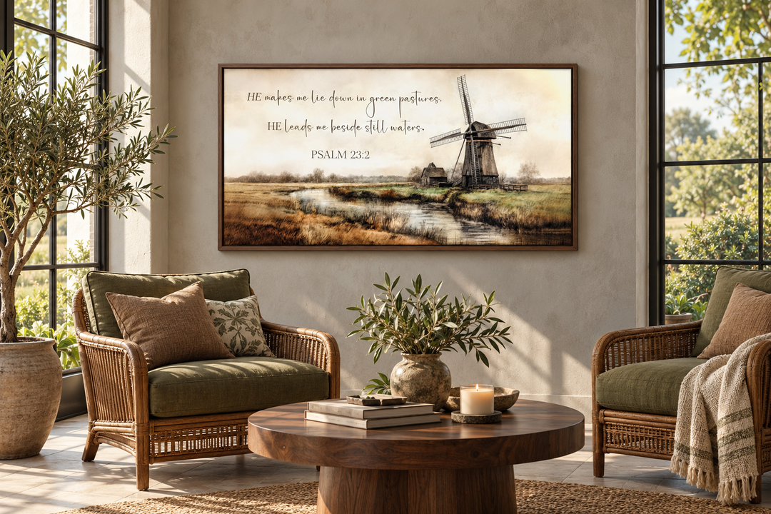 Psalm 23:2 scripture wall art featuring a windmill landscape in a rustic sunroom setting.