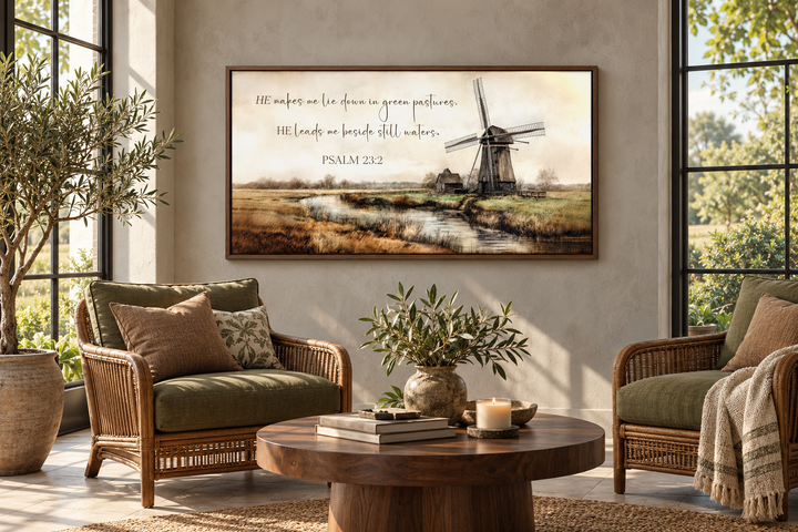 Psalm 23:2 scripture wall art featuring a windmill landscape in a rustic sunroom setting.