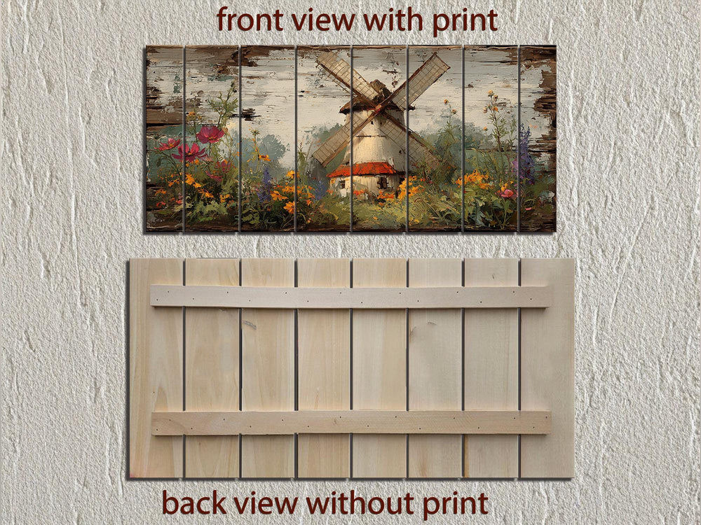Dutch windmill and wildflowers printed on a horizontal distressed wood plank wall art piece.