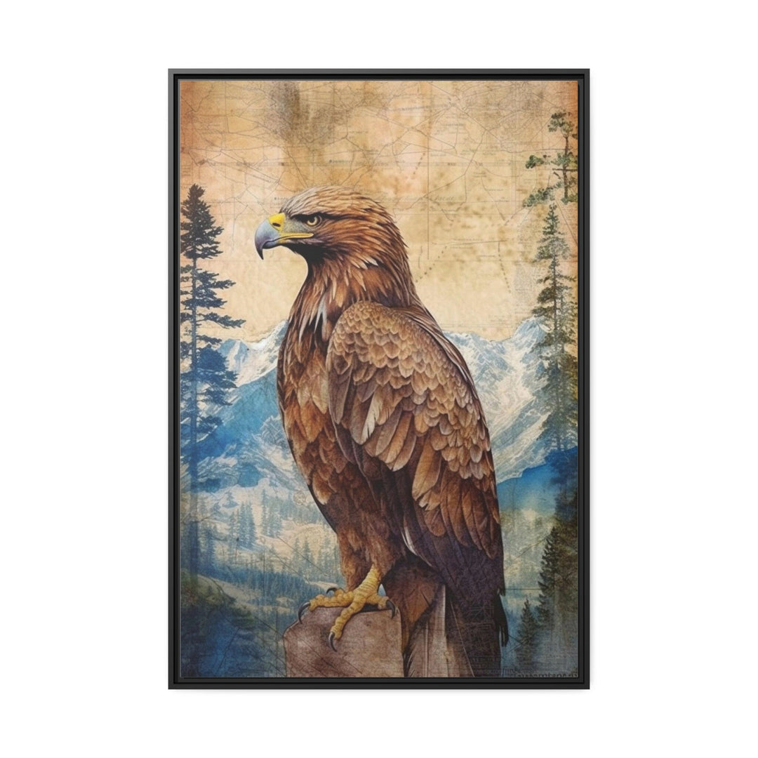 Eagle In Mountains Sitting On a Rock Framed Canvas Wall Art