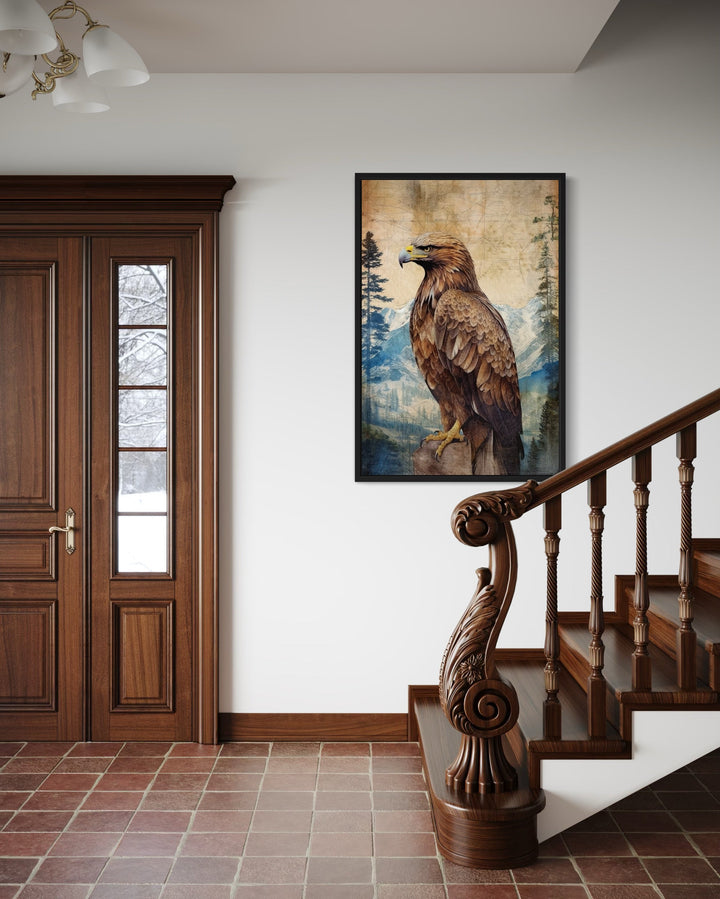 Eagle In Mountains Sitting On a Rock Framed Canvas Wall Art