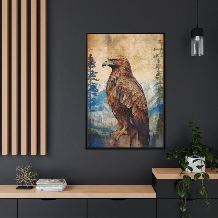 Eagle In Mountains Sitting On a Rock Framed Canvas Wall Art