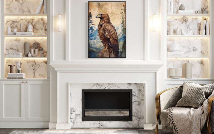 Eagle In Mountains Sitting On a Rock Framed Canvas Wall Art