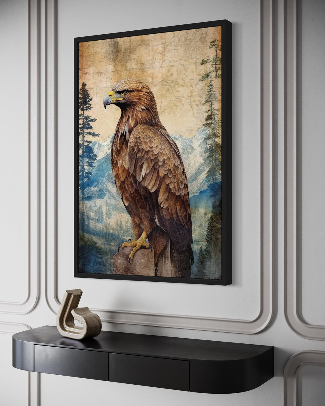 Eagle In Mountains Sitting On a Rock Framed Canvas Wall Art