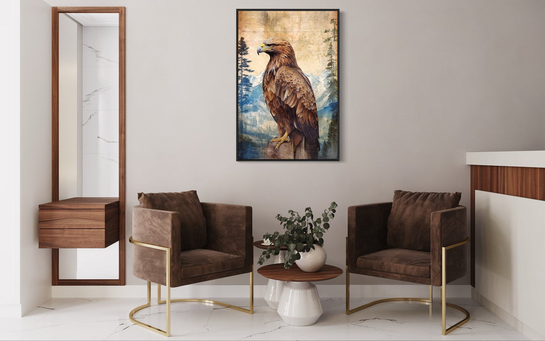 Eagle In Mountains Sitting On a Rock Framed Canvas Wall Art