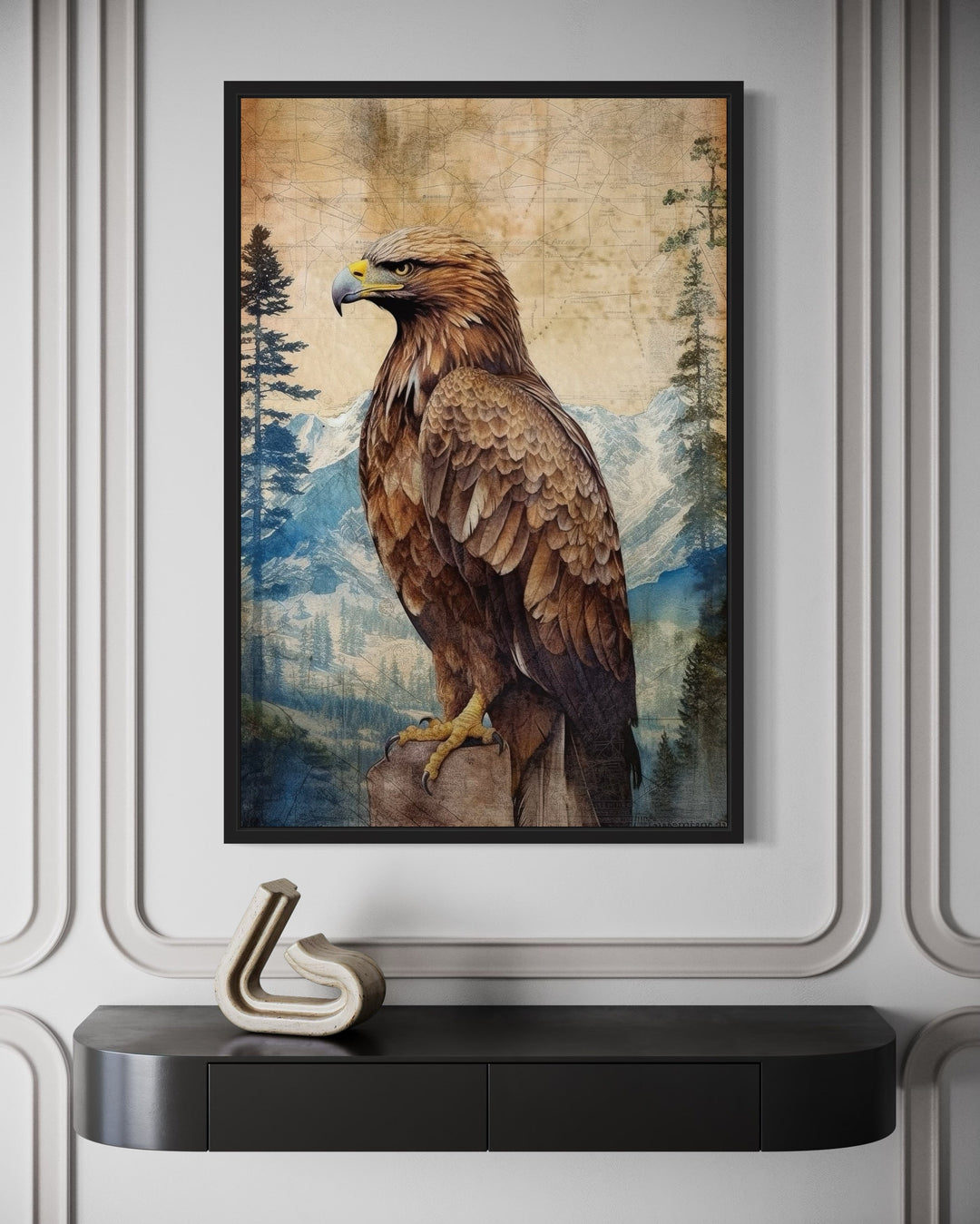 Eagle In Mountains Sitting On a Rock Framed Canvas Wall Art