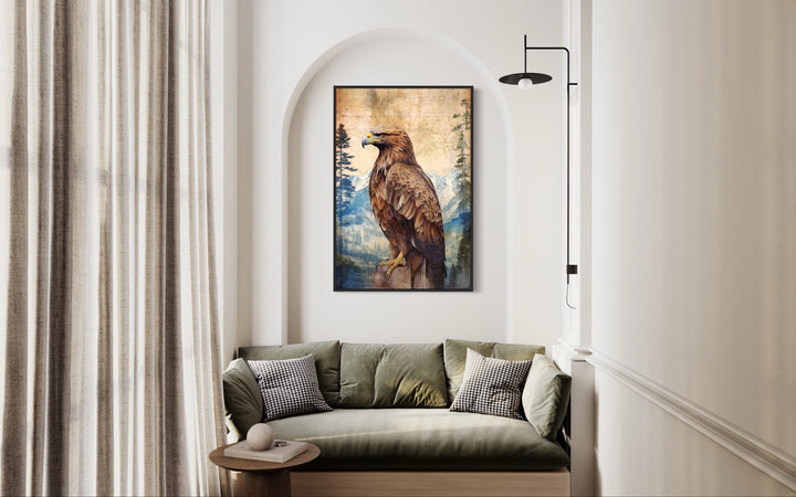 Eagle In Mountains Sitting On a Rock Framed Canvas Wall Art