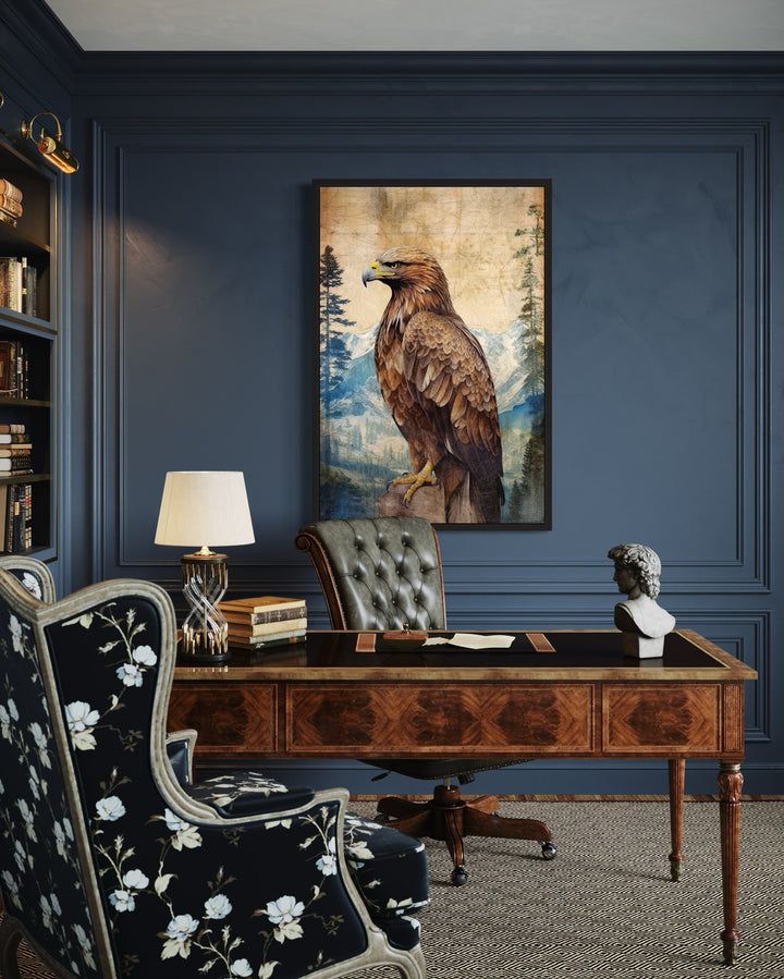 Eagle In Mountains Sitting On a Rock Framed Canvas Wall Art