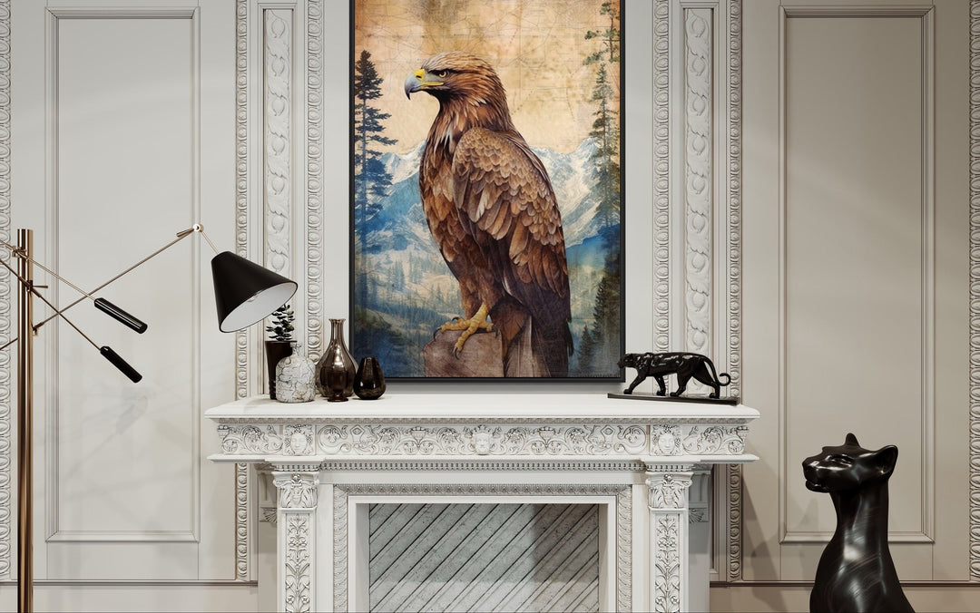 Eagle In Mountains Sitting On a Rock Framed Canvas Wall Art