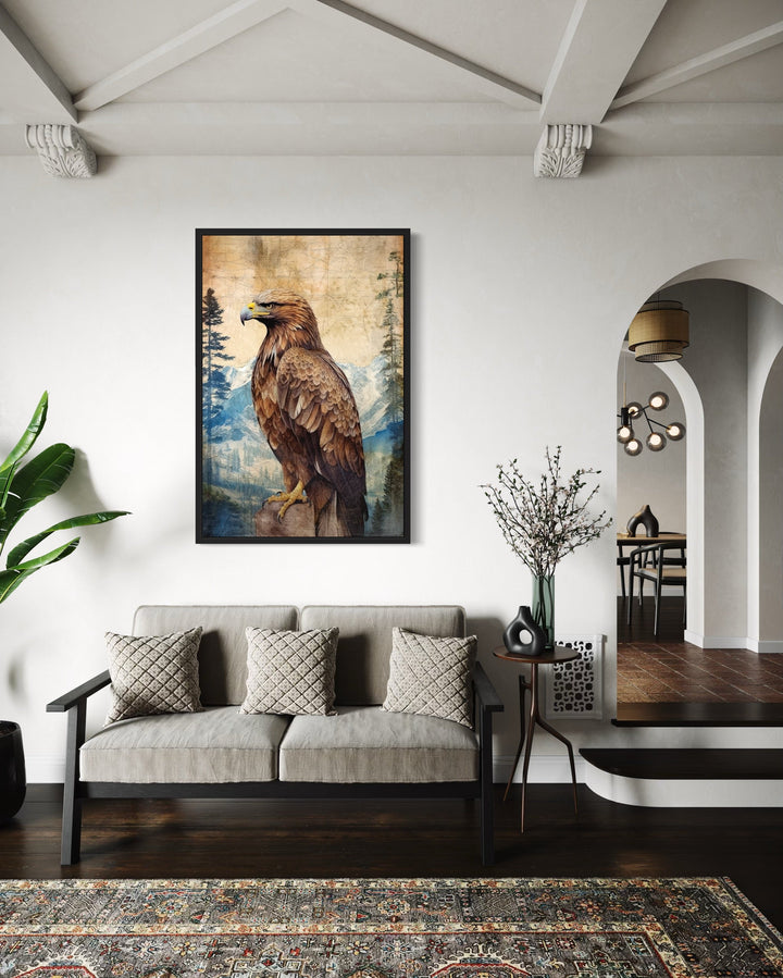 Eagle In Mountains Sitting On a Rock Framed Canvas Wall Art