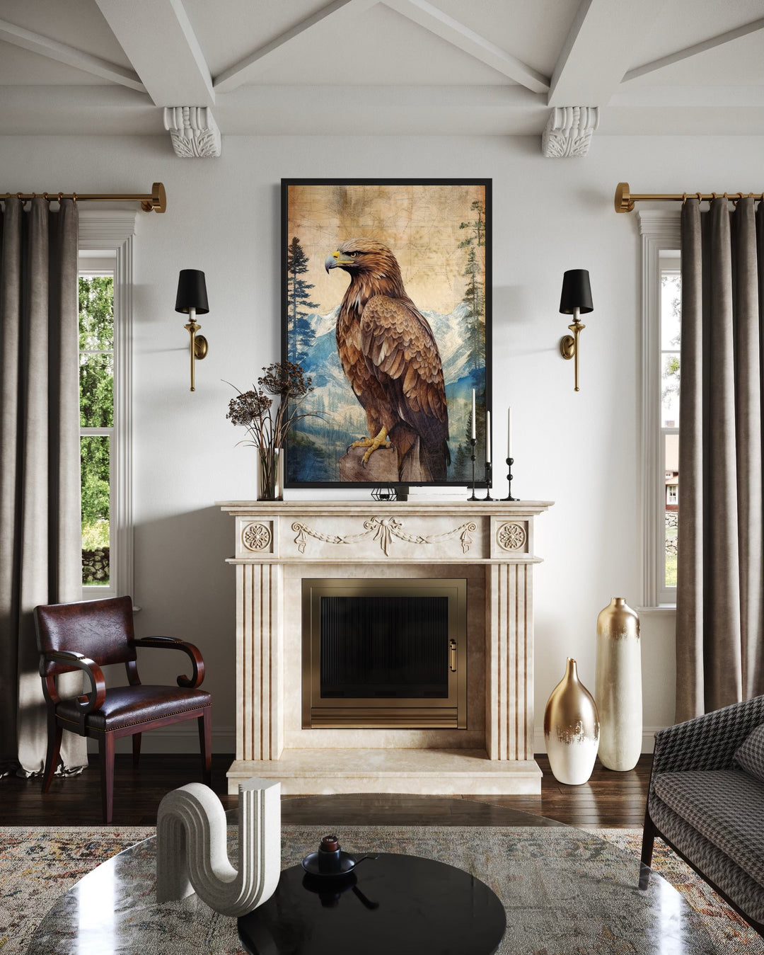 Eagle in mountains sitting on a rock framed canvas wall art displayed above a fireplace mantel.