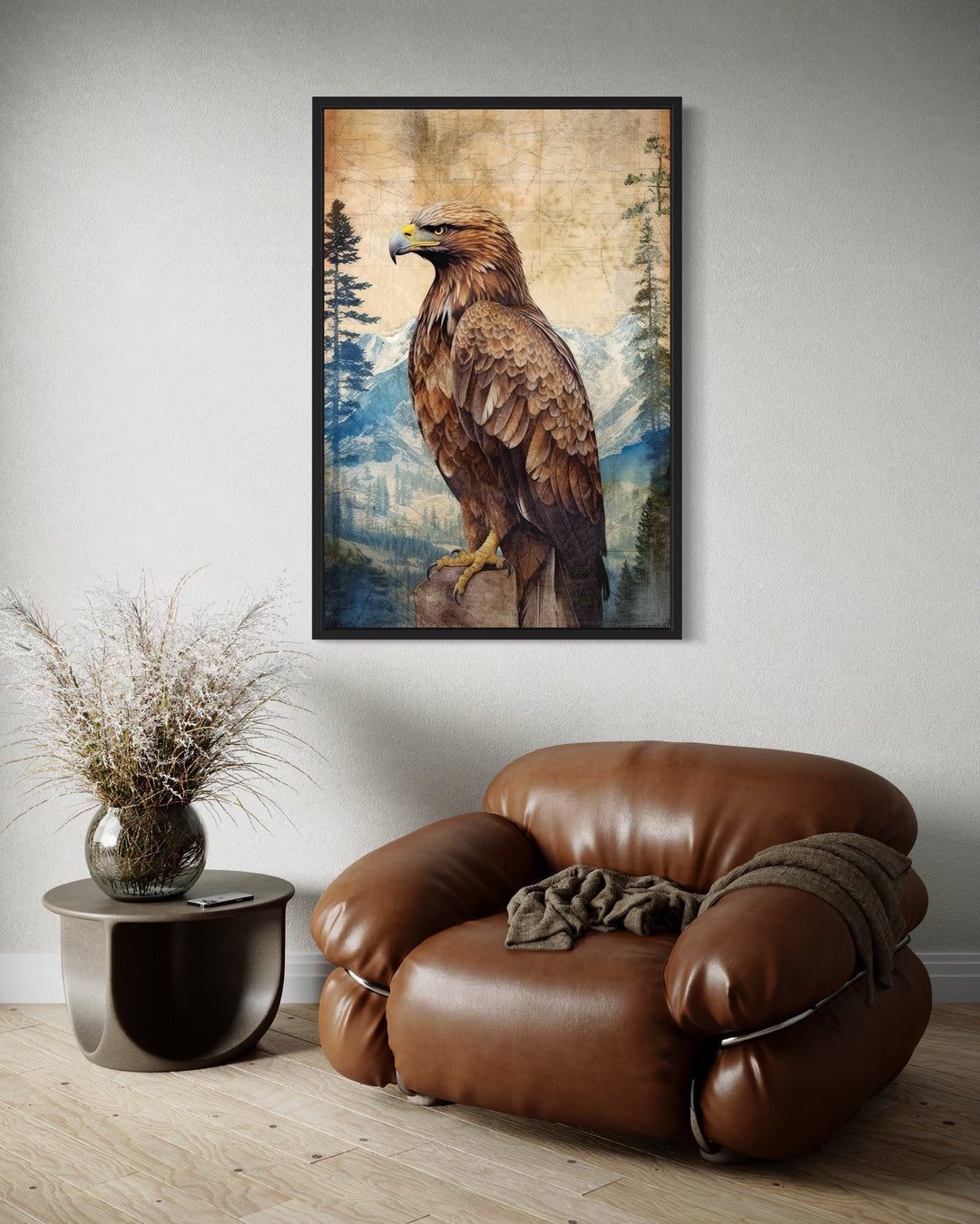 Eagle In Mountains Sitting On a Rock Framed Canvas Wall Art