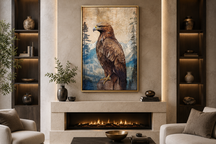 Eagle in mountains sitting on a rock framed canvas wall art above a modern fireplace.