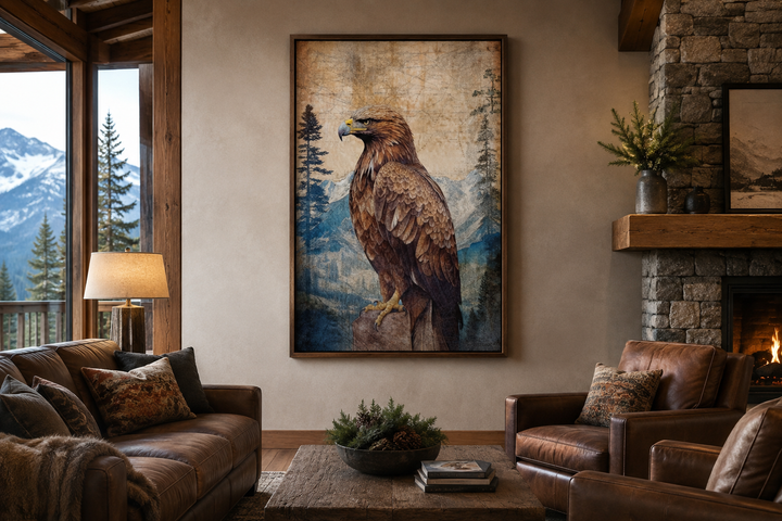 Framed canvas wall art of a majestic eagle perched on a rock with a mountain backdrop.