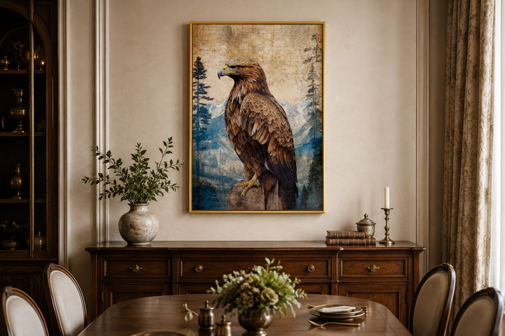 Framed canvas wall art of a majestic eagle perched on a rock with a mountain backdrop.