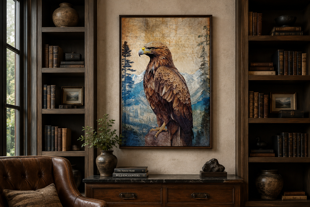 Framed canvas wall art of a majestic eagle perched on a rock with a mountain backdrop.