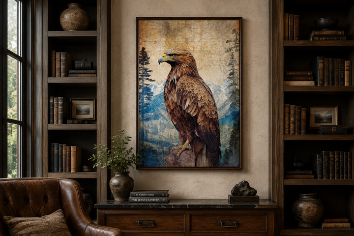 Framed canvas wall art of a majestic eagle perched on a rock with a mountain backdrop.
