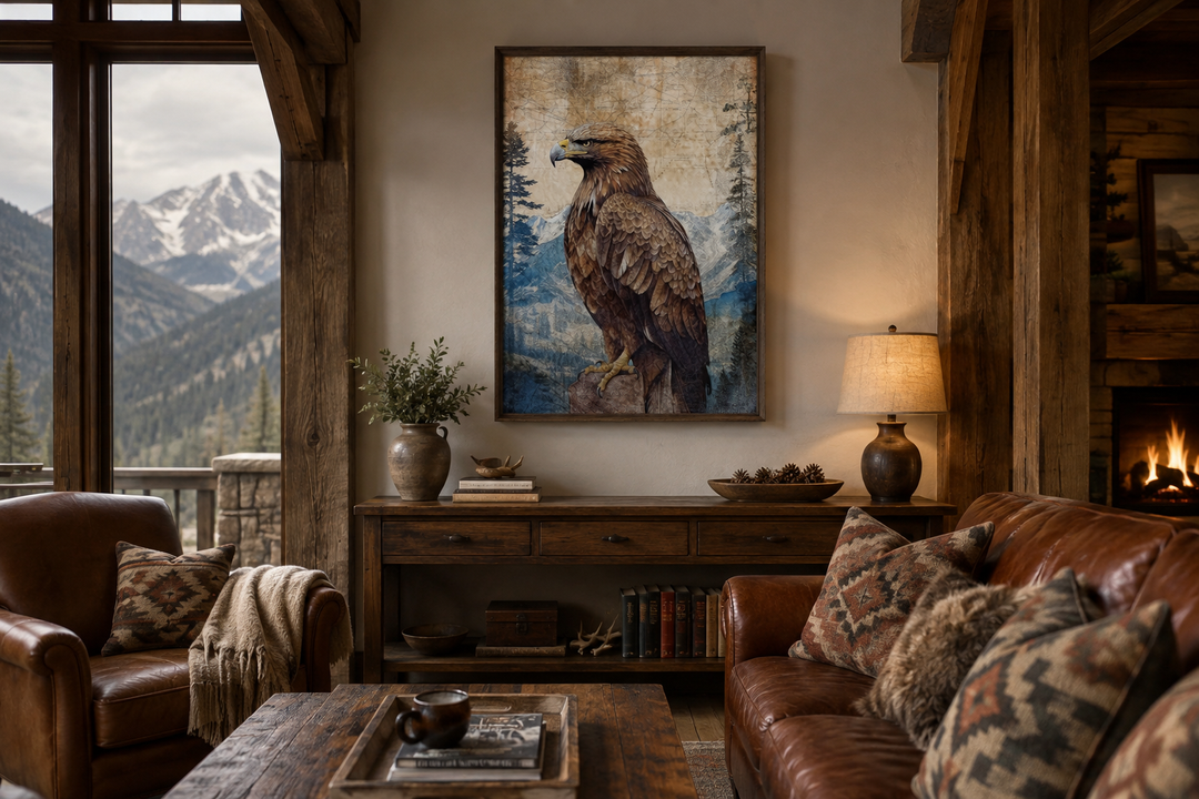 Eagle in mountains sitting on a rock framed canvas wall art in a rustic living room setting.