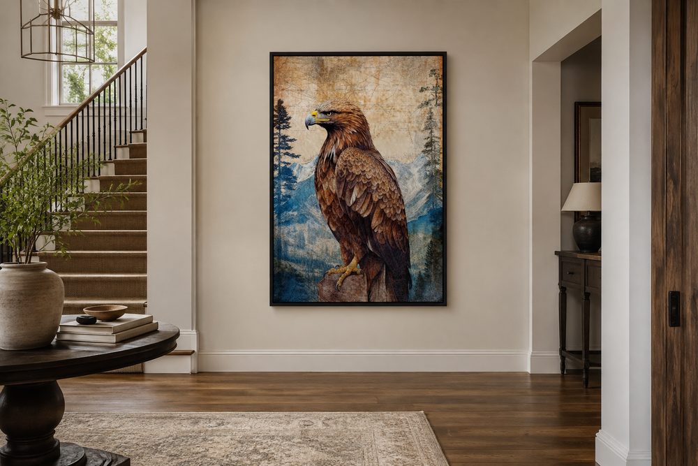 Eagle in mountains sitting on a rock framed canvas wall art in a modern home entryway.