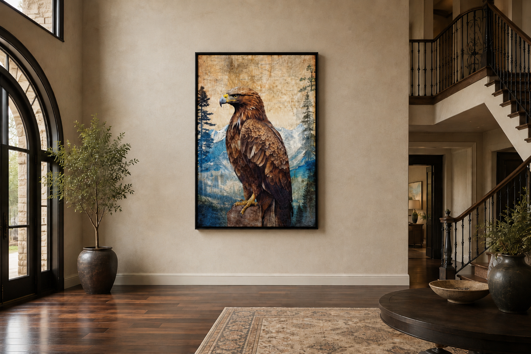 Eagle in mountains sitting on a rock framed canvas wall art in a modern living room.