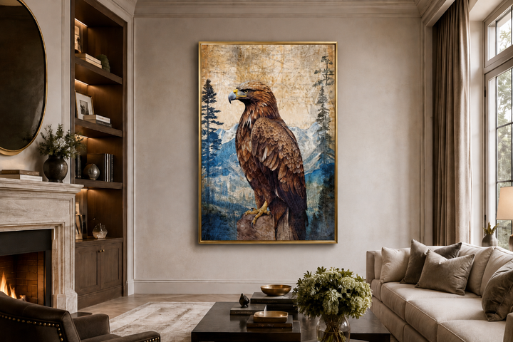 Eagle in mountains sitting on a rock framed canvas wall art in a modern living room setting.