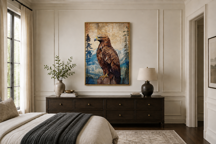Eagle in mountains sitting on a rock framed canvas wall art above a dark wood dresser in a bedroom.