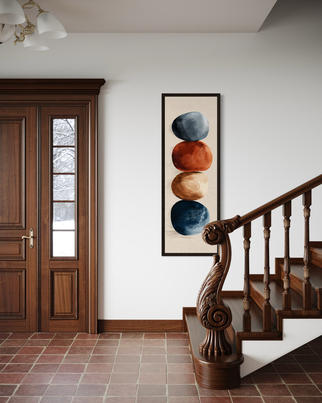 Earth Tones Brown Beige Navy Rocks Shapes Mid Century Modern Tall Vertical Wall Art