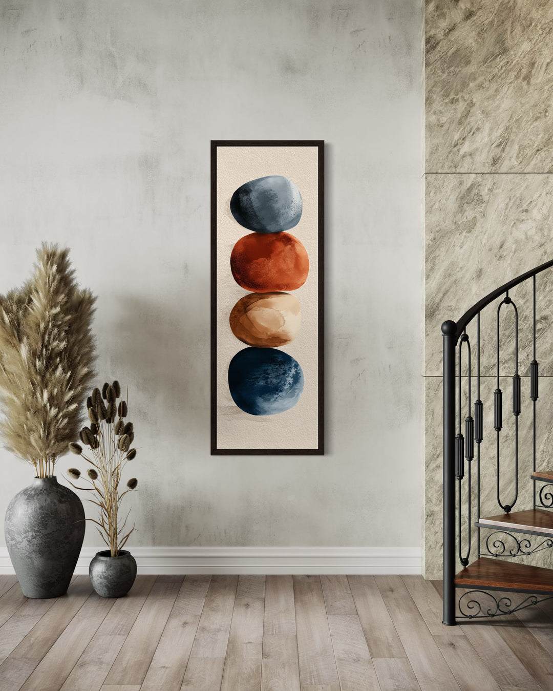 Earth Tones Brown Beige Navy Rocks Shapes Mid Century Modern Tall Vertical Wall Art