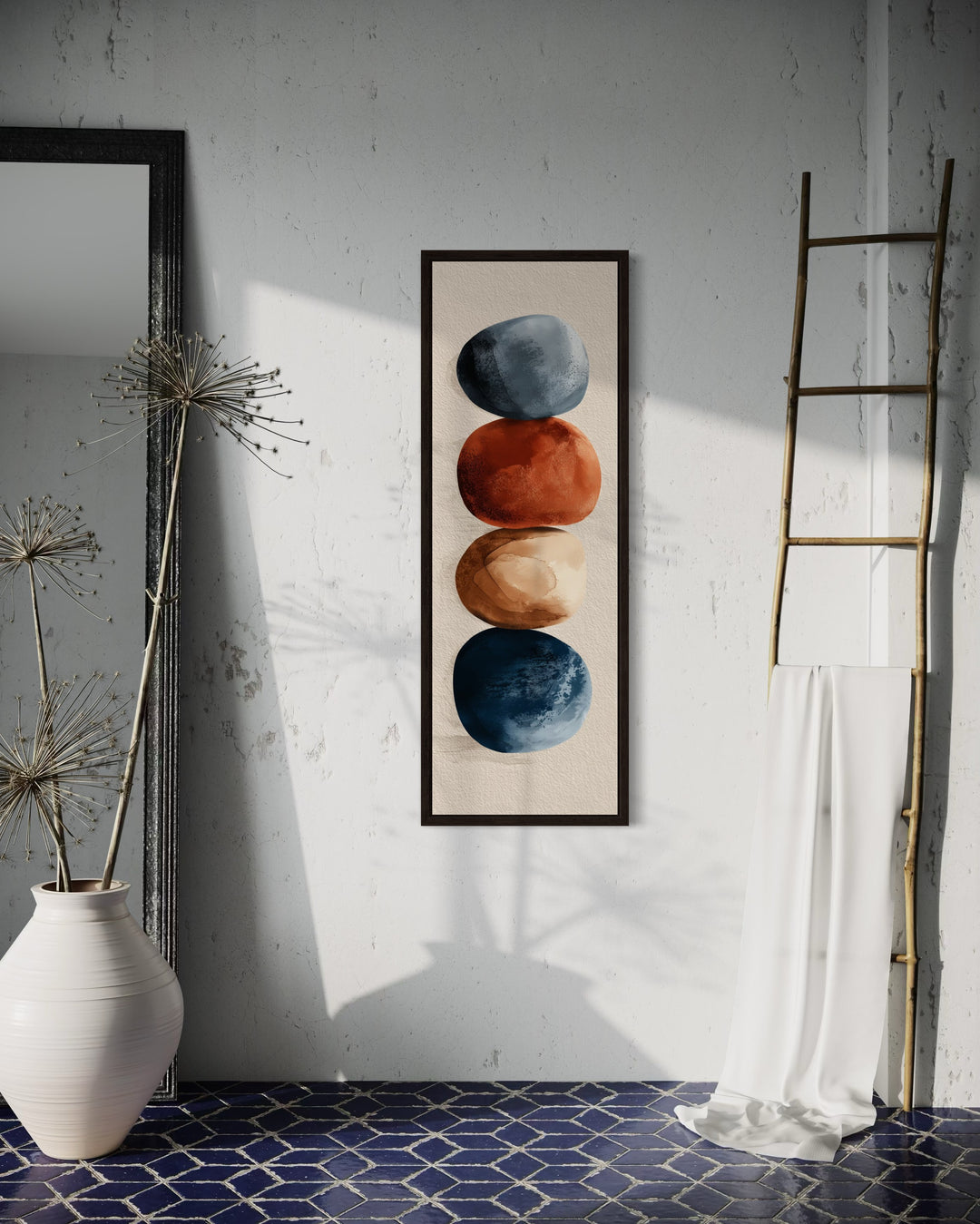 Earth Tones Brown Beige Navy Rocks Shapes Mid Century Modern Tall Vertical Wall Art