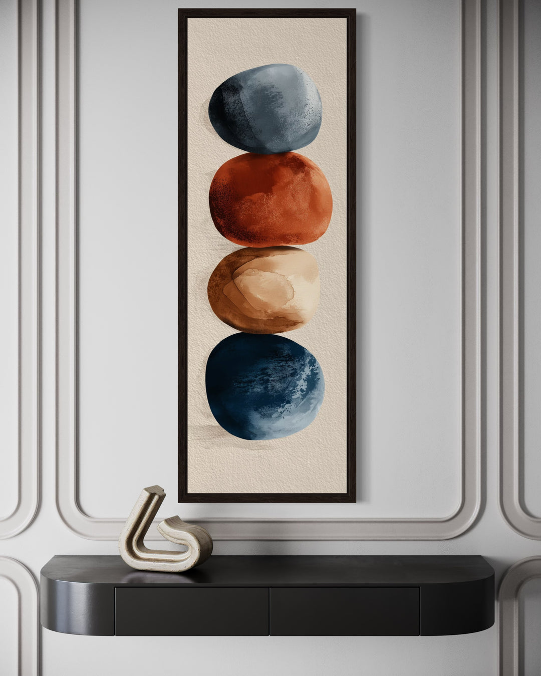 Earth Tones Brown Beige Navy Rocks Shapes Mid Century Modern Tall Vertical Wall Art