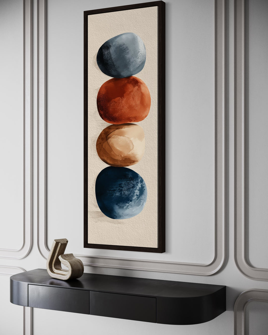 Earth Tones Brown Beige Navy Rocks Shapes Mid Century Modern Tall Vertical Wall Art