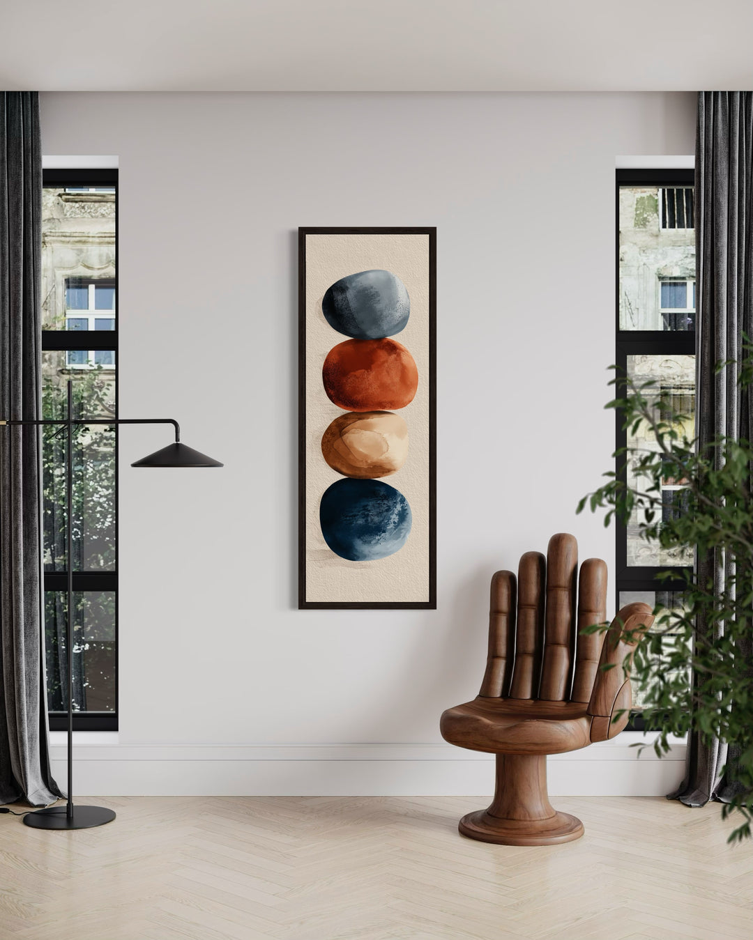 Earth Tones Brown Beige Navy Rocks Shapes Mid Century Modern Tall Vertical Wall Art