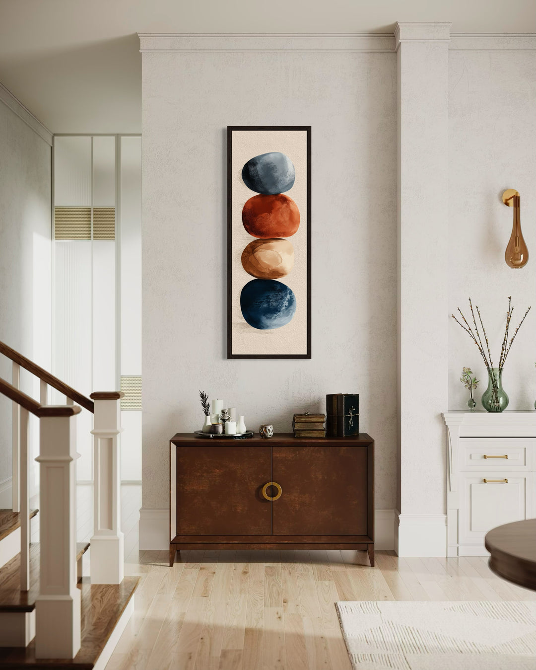 Earth Tones Brown Beige Navy Rocks Shapes Mid Century Modern Tall Vertical Wall Art