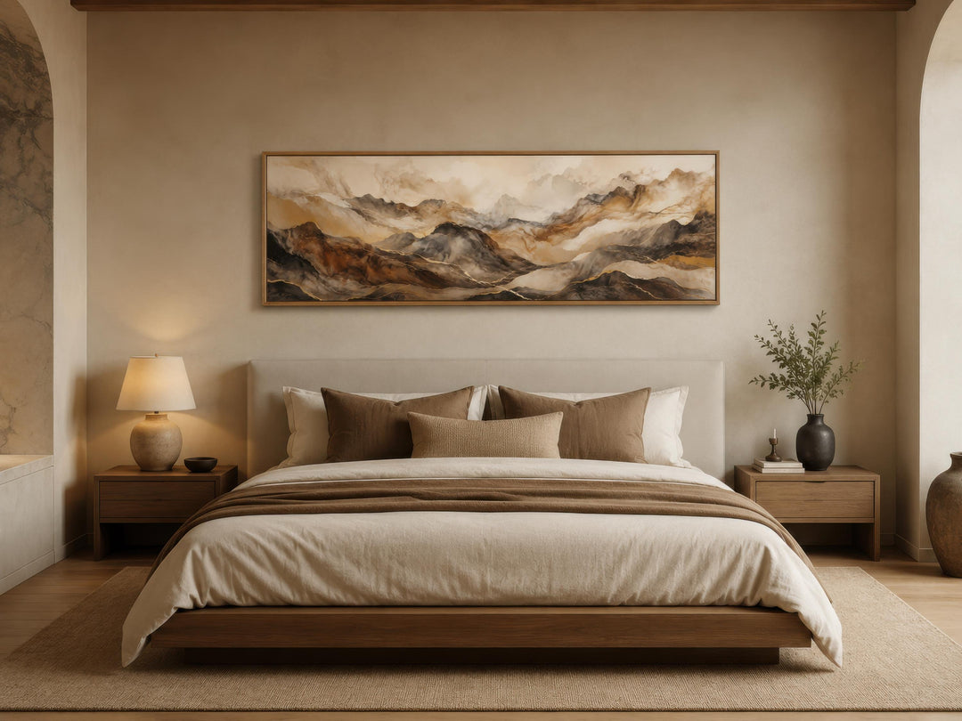Long horizontal canvas wall art featuring earthy brown and gold abstract mountain peaks.