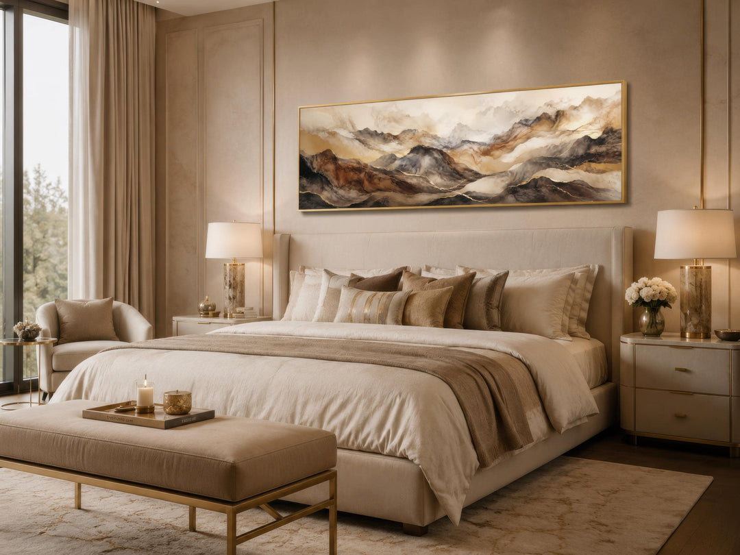 Long horizontal abstract mountain wall art in brown and gold tones above a beige bed.