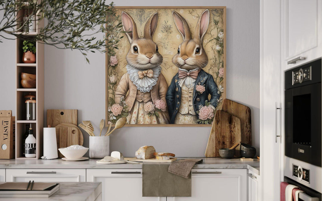 Easter Bunny Couple Portrait, Whimsical Wall Art, Vintage Farmhouse kitchen Animal Canvas, Framed Ready To Hang