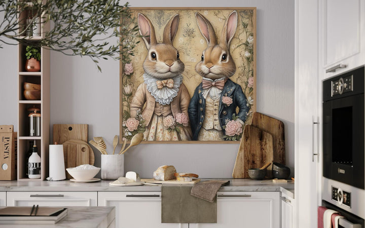 Easter Bunny Couple Portrait, Whimsical Wall Art, Vintage Farmhouse kitchen Animal Canvas, Framed Ready To Hang