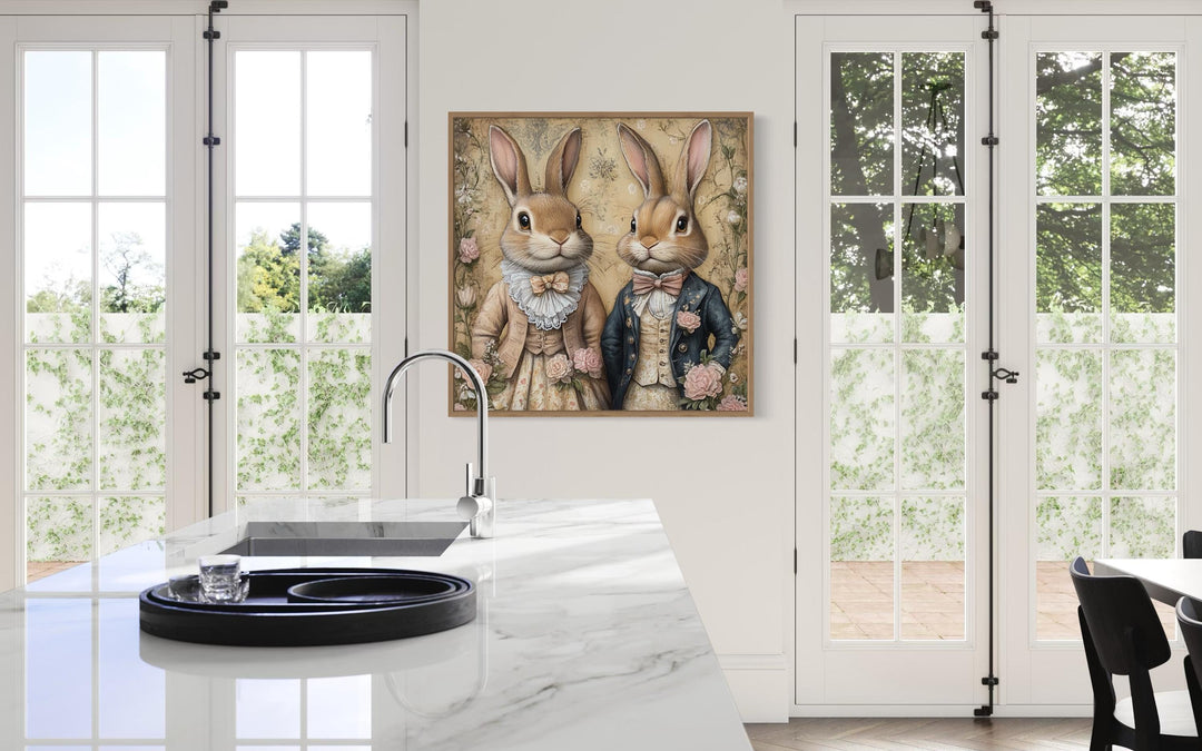 Easter Bunny Couple Portrait, Whimsical Wall Art, Vintage Farmhouse kitchen Animal Canvas, Framed Ready To Hang