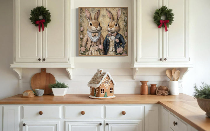 Easter Bunny Couple Portrait, Whimsical Wall Art, Vintage Farmhouse kitchen Animal Canvas, Framed Ready To Hang