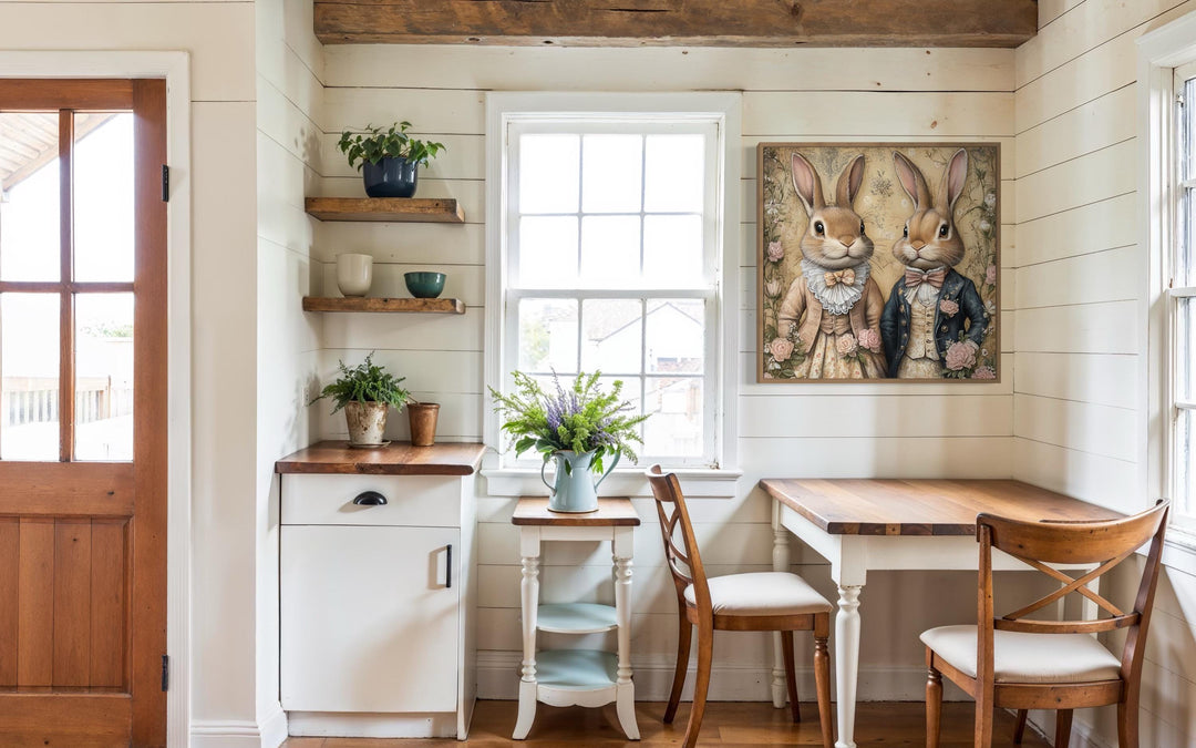 Easter Bunny Couple Portrait, Whimsical Wall Art, Vintage Farmhouse kitchen Animal Canvas, Framed Ready To Hang