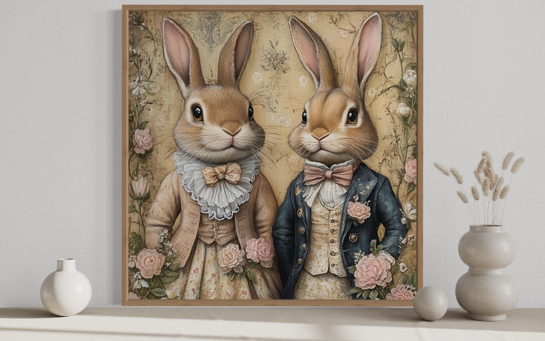 Easter Bunny Couple Portrait, Whimsical Wall Art, Vintage Farmhouse kitchen Animal Canvas, Framed Ready To Hang