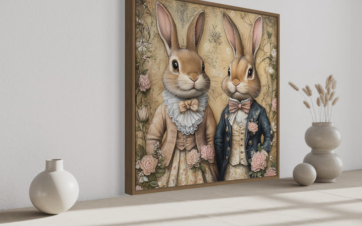 Easter Bunny Couple Portrait, Whimsical Wall Art, Vintage Farmhouse kitchen Animal Canvas, Framed Ready To Hang