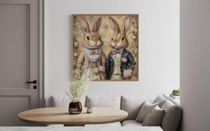 Easter Bunny Couple Portrait, Whimsical Wall Art, Vintage Farmhouse kitchen Animal Canvas, Framed Ready To Hang