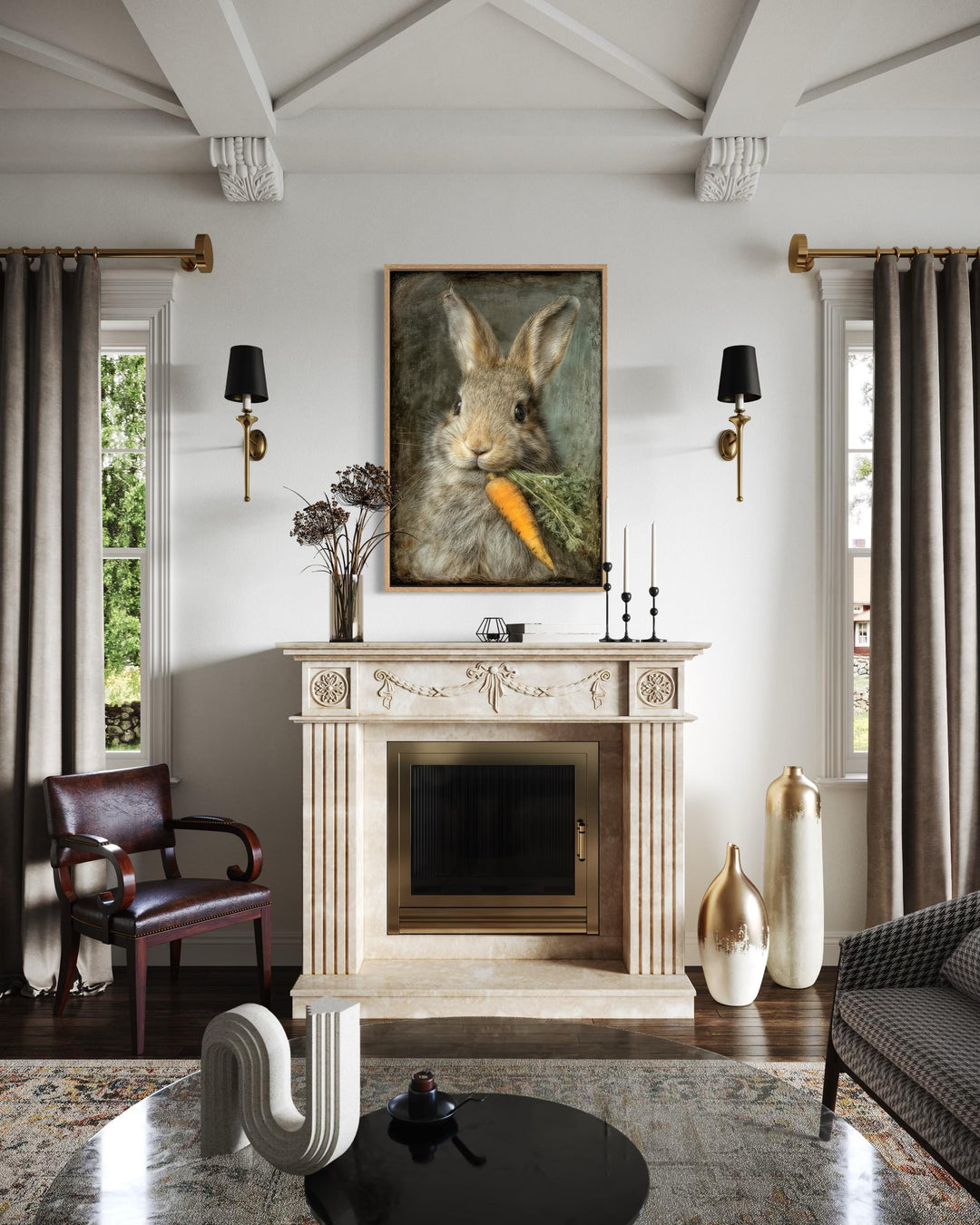 Vintage rabbit canvas print with a carrot, framed above a fireplace in a farmhouse-style room.