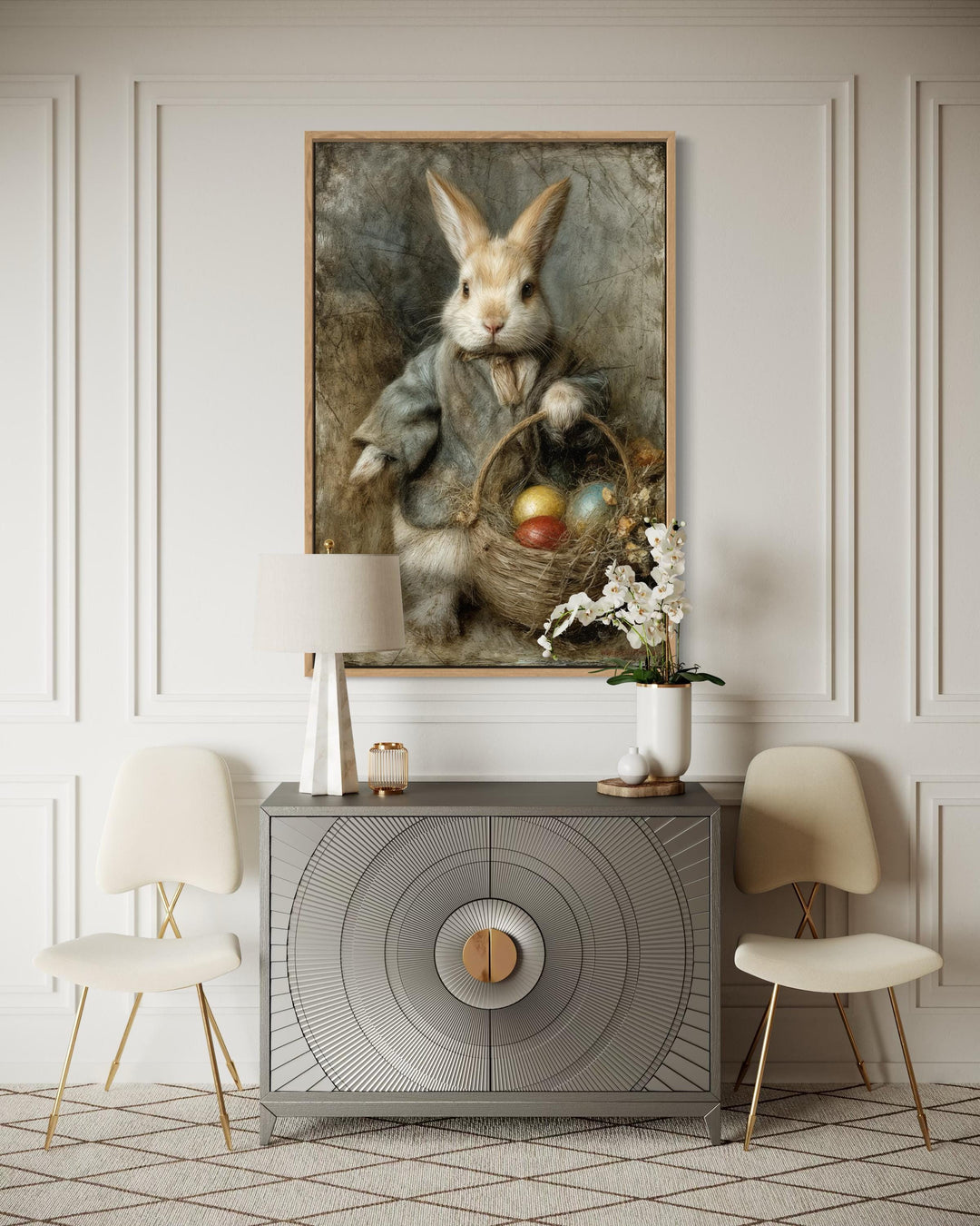 Vintage-style vertical canvas painting of an Easter bunny holding a basket of colorful eggs.