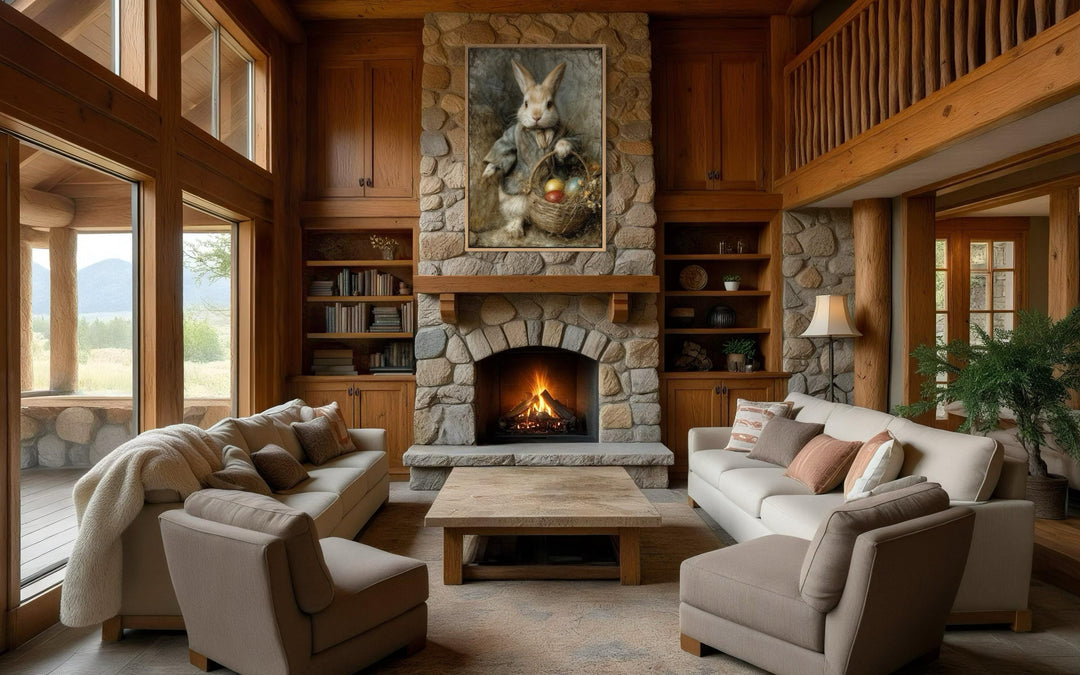 Vintage rabbit painting with a basket of Easter eggs displayed above a stone fireplace.